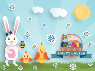 Cute Easter background in paper art style. Vector illustration