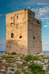 Coastal watchtower in Marina Serra, Tricase, Lecce, Apulia, Italy.