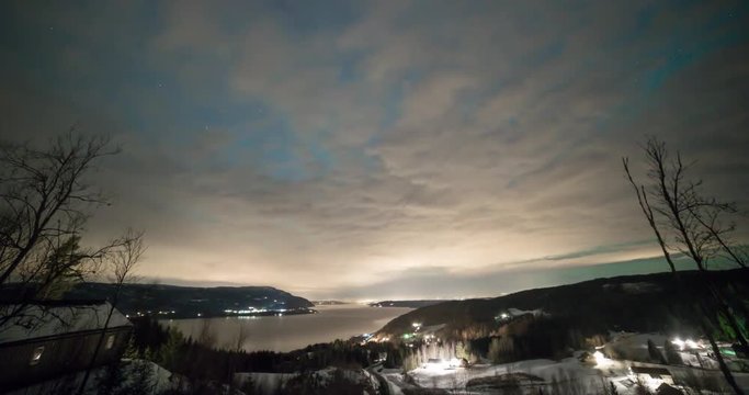Moving timelapse of Aurora borealis (northern lights) in south Norway at Strandlykkja, Mjosa lake