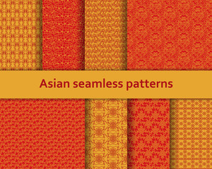 Traditional Asian seamless patterns set. Detailed decorative motifs. Red and orange colors. Vector illustration.