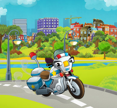 cartoon stage with emergency vehicle police motorcycle in the park colorful and cheerful scene for children