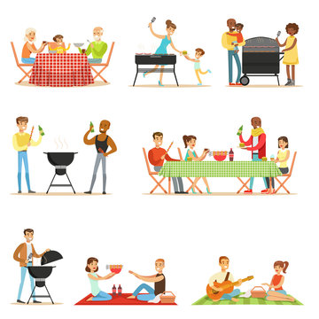People On BBQ Picnic Outdoors Eating And Cooking Grilled Meat On Electric Barbecue Grill Set Of Scenes