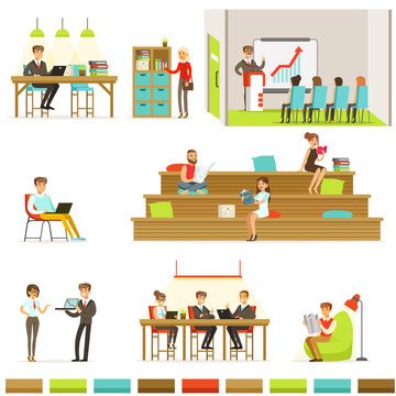 Coworking Workplace, Freelancers Sharing Space And Ideas In Office Where They Work Together Set Of Illustrations