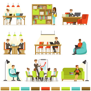 Coworking Workplace, Freelancers Sharing Space And Ideas In Office Where They Work Together Collection Of Illustrations