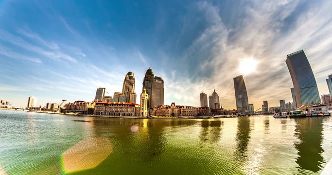 Time lapse of Tianjin cityscape, sunny sky with modern buildings. China