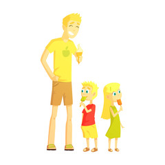 Dad And Twin Son And Daughter Eating Ice-cream, Happy Loving Families With Kids Spending Weekend Together Vector Illustration