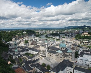 Fototapeta na wymiar Panoramic view on St. Peter's Abbey and the old town of Salzburg from the Hohensalzburg fortress, Austria