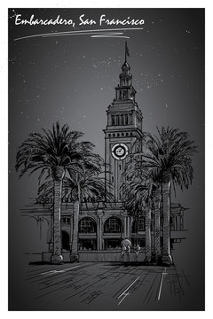 Panorama of the Embarcadero ferry building in San Francisco and palm tree alley. Cityscape, urban hand drawing. Ink or engraving style sketch isolated on night sky background EPS10 vector illustration