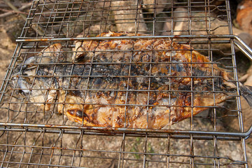 Fresh fish with sauce cooked on an open flame grill.