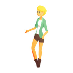 Blond Girl In Shorts, Boots And Green Jacket, Young Person Street Fashion Look With Mass Market Clothes