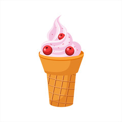Soft Serve Ice Cream In A Cone With Berries, Street Fast Food Cafe Menu Item Colorful Vector Icon