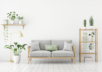 Urban jungle style livingroom with gray sofa, golden lamp and plants in pots on white wall background. 3d rendering. - obrazy, fototapety, plakaty