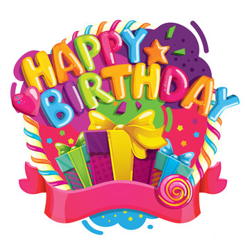 Happy Birthday vector color illustration. Inscription and gifts. Design for a children's party