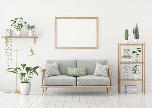 Horizontal poster mock up with wooden frame, sofa, lamp and plants on white wall background. 3d rendering.