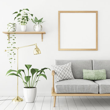 Square poster mock up with wooden frame, sofa and green plants on white wall background. 3d rendering.