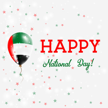 UAE National Day patriotic poster. Flying Rubber Balloon in Colors of the Emirian Flag. UAE National Day background with Balloon, Confetti, Stars, Bokeh and Sparkles.
