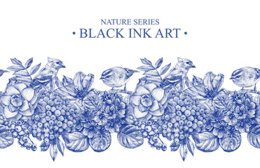 Seamless border with different flowers, birds and plants drawn by hand with black ink. .Graphic drawing, pointillism technique. Can be used for pattern fills, wallpapers, web .page, surface textures