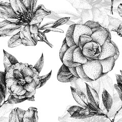 Seamless pattern with different flowers and plants drawn by hand with black ink. .Graphic drawing, pointillism technique. Can be used for pattern fills, wallpapers, web .page, surface textures - obrazy, fototapety, plakaty