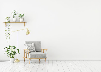 Fototapeta na wymiar Scandinavian style livingroom with gray fabric armchair, golden lamp and plants on empty white wall background. 3d rendering.