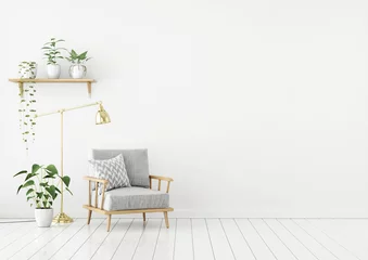 Foto op Plexiglas Scandinavian style livingroom with gray fabric armchair, golden lamp and plants on empty white wall background. 3d rendering. © marina_dikh