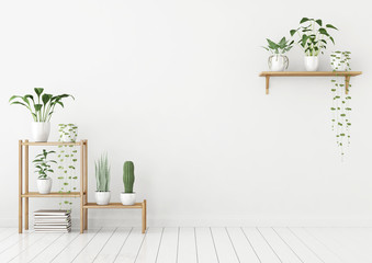 White wall mock up in nordic style with green plants in pots on wooden stellage and shelf. 3d rendering.