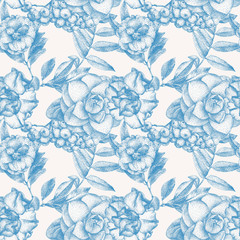 Seamless pattern with different flowers and plants drawn by hand with black ink. .Graphic drawing,...