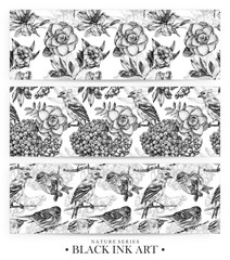 Fototapeta premium Set of seamless patterns with dotted flowers, birds and plants drawn by hand with black ink. Graphic drawing, pointillism technique. Floral background in dotwork style. Black and white