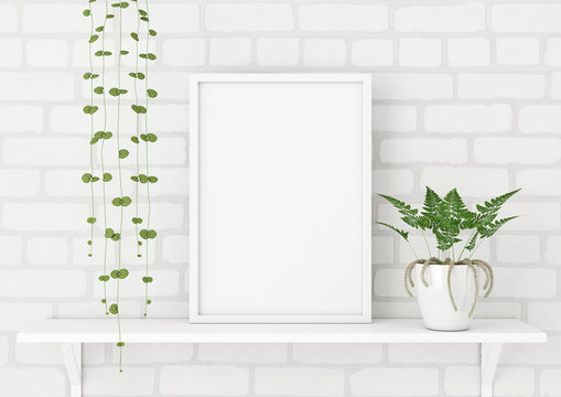 Vertical frame poster mock up with green plants on white brick wall background. 3d rendering.