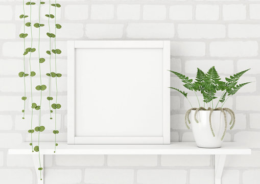 Square frame poster mock up with green plants on white brick wall background. 3d rendering.