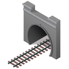 Vector railway low poly tunnel in isometric 3d perspective. Old stone circular tunnel with a light at the end. Isolated on white background. Diminishing perspective.