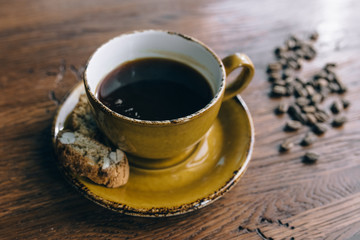 Coffee on a wooden table. top view, flat lay