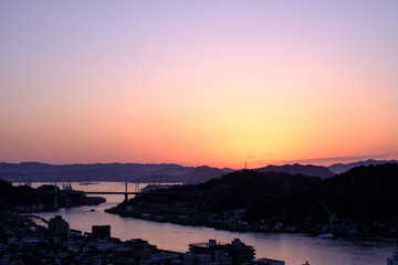 Dawn townscape of a port town, Onomichi, from above