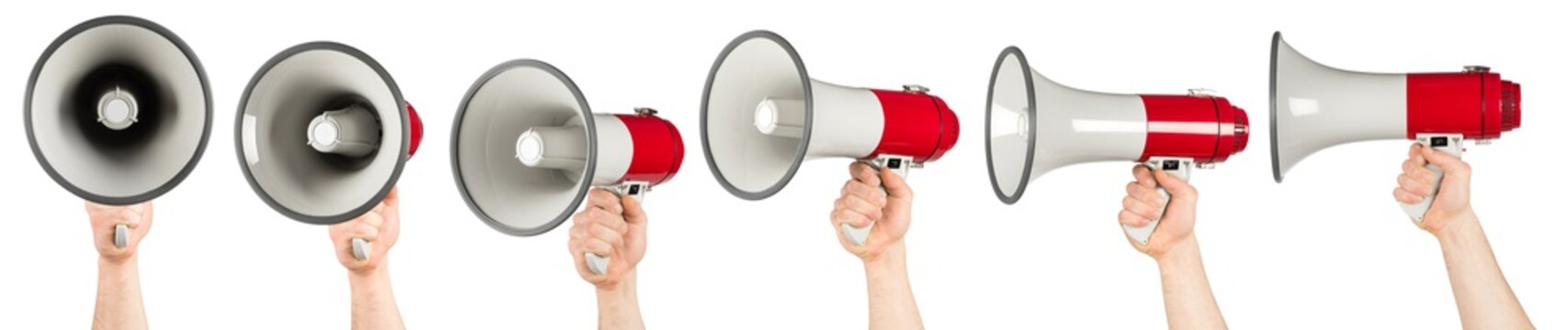 Hand With Red Gray Megaphone Bullhorn Set Collection Isolated On White Background