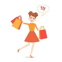 Girl character. Cartoon vector flat style illustration. Young woman enjoys shopping. Many packages with purchases