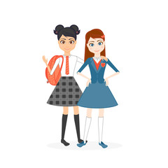 Schoolgirl character. Cartoon vector flat illustration. Girls friend pupil in school uniforms. A student in a traditional school uniform