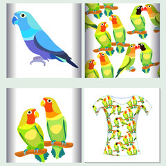 Set for t-shirt design seamless pattern lovebirds parrot.  illustration
