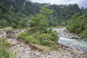 Fototapeta na wymiar Tropical landscape with small river in stone riverbed and forest hills.