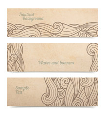 Vector waves ornate bannest, set of three, old parchment or cardboard isolated on white with copy space and transparent shadow