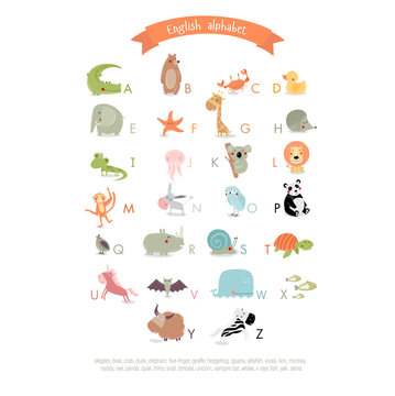 Vector English alphabet for children with cute animals. The crocodile, bear, whale, koala, panda, giraffe, elephant, yak, zebra, rhino, owl, duck, hedgehog, lion, turtle. It can be used as poster