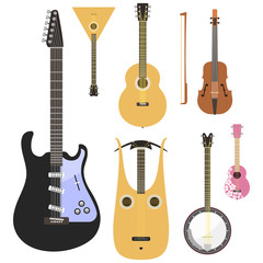 Set of stringed musical instruments classical orchestra art sound tool and acoustic symphony stringed fiddle wooden equipment vector illustration