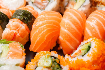 A large set of sushi  top view close. Dishes from raw fish Japanese food