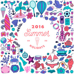 Summer doodles design, travel vacation illustration in wreath shape