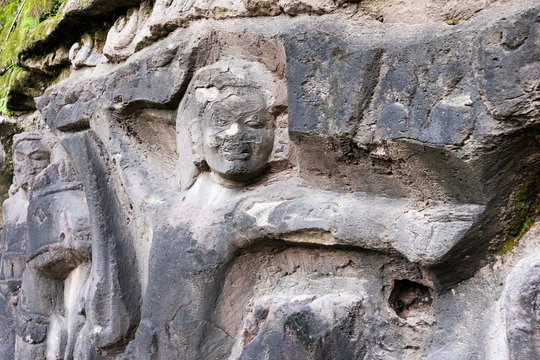 Yeh Pulu stone carving close-up, Ubud, Bali, Indonesia