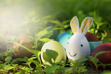 Colorful Easter eggs in nature.Easter concept background.