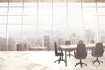 Composite image of empty office chairs and table