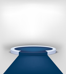 Podium scene with blue carpet and one stage. Realistic vector pedestal