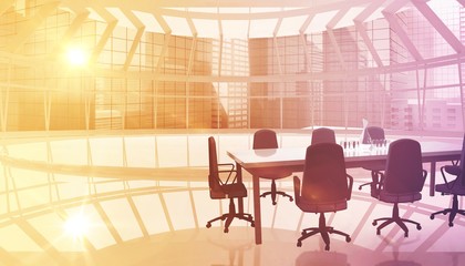 Composite image of empty office chairs and table