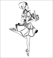 Vector illustration of waitress in Christmas hat in retro style running with beer order