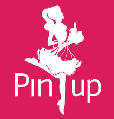 Silhouette of pin-up retro waitress girl running with order on pink background with words pin up