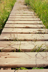 passerelle en bois traversant une prairie 